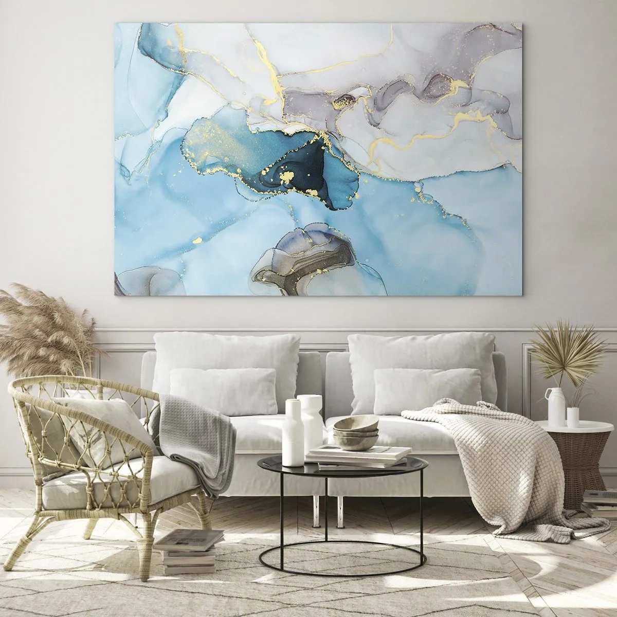 Obraz na skle - Tyrkysové a sivé vlny so zlatými akcentmi - 70x50cm - Štúdia o stretnutí šedej a tyrkysovej - Moderná nástenná dekorácia do obývacej izby a spálne ARTTOR