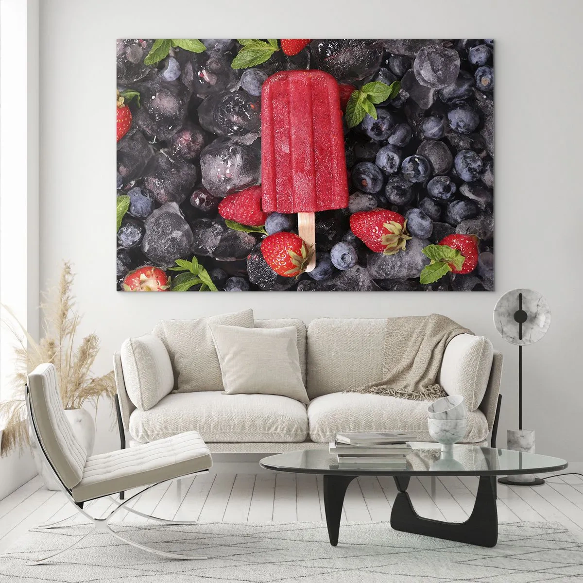 Obraz na skle - Ľadová tyčinka medzi mrazeným ovocím a listami mäty - 70x50cm - Chuť horúceho leta - Moderná nástenná dekorácia do obývacej izby a spálne ARTTOR