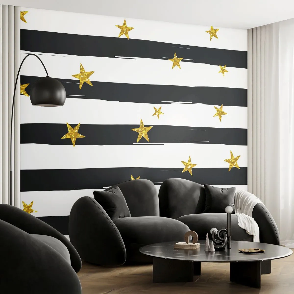 Fototapeta Premium Canvas - Všetci sme sa narodili pod šťastnou hviezdou - Grafika, Zlatá hviezda, Čierne a biele pruhy - 250x175 cm