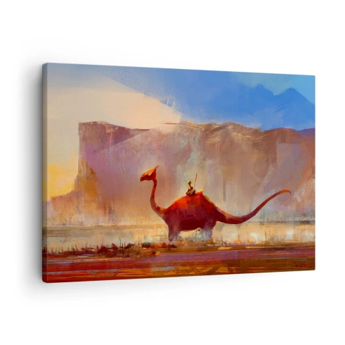 Obraz na plátne - Fantastická scéna s jazdcom na prehistorickom stvorení - 70x50cm - Keby nevyhynuli - Moderná nástenná dekorácia do obývacej izby a spálne ARTTOR