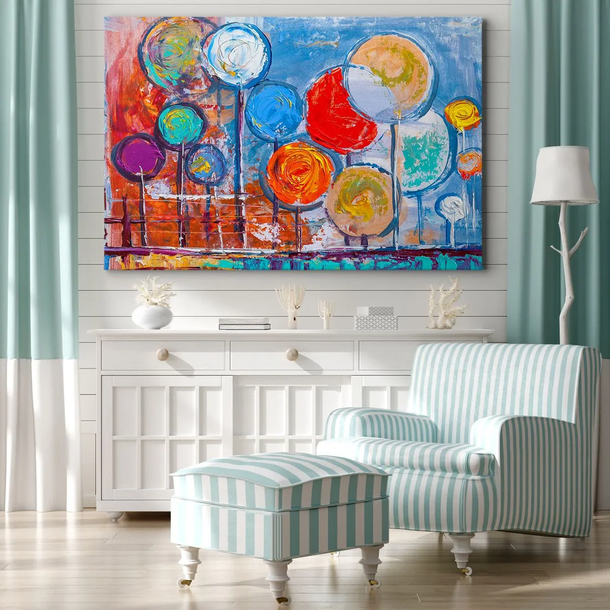 Obraz na plátne - Farebné abstraktné stromy na modrom pozadí - 70x50cm - Rozmanitosti - Moderná nástenná dekorácia do obývacej izby a spálne ARTTOR
