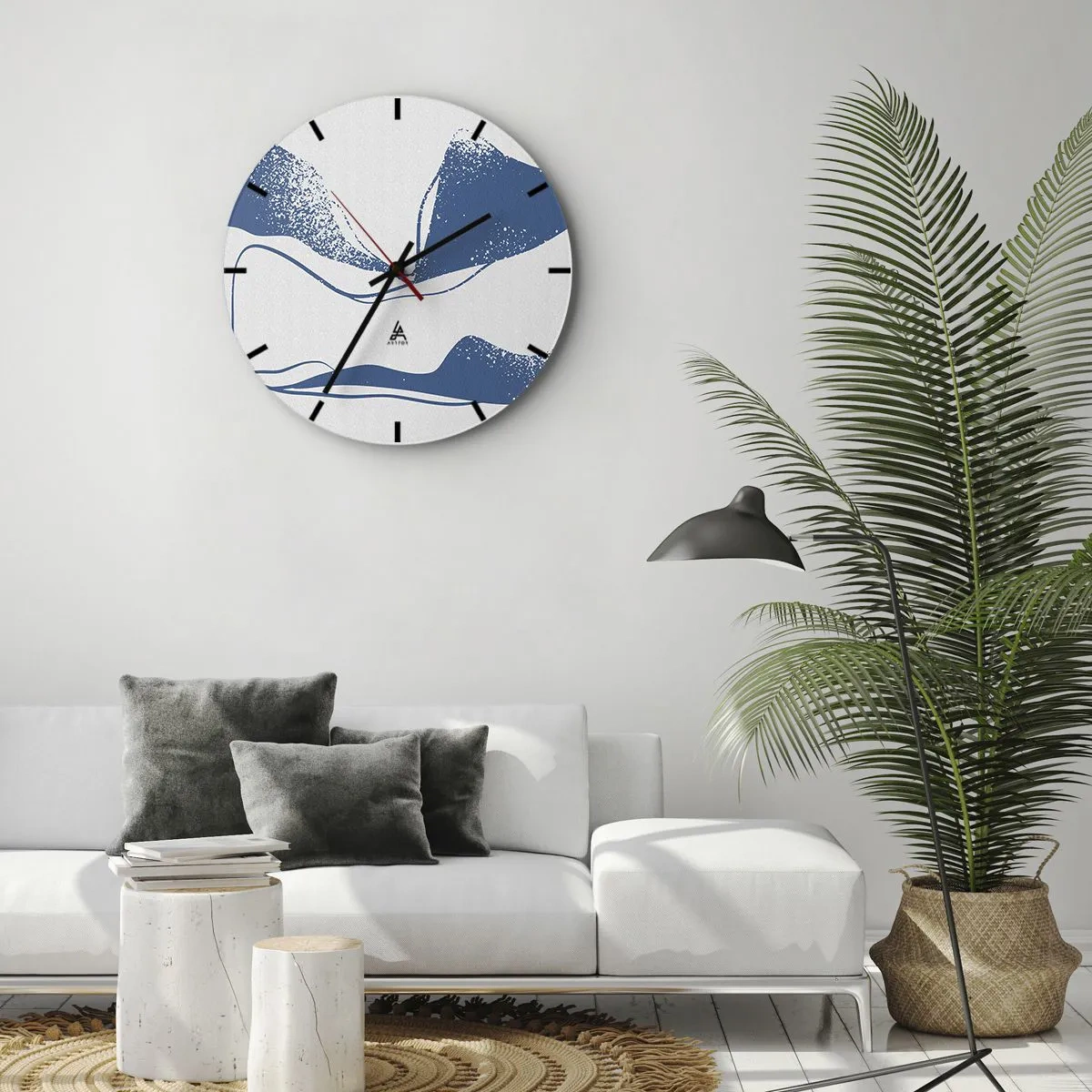 Nástenné hodiny - Grafická abstrakcia s modrými krídlami na bielom pozadí - 30x30cm - Okrídlená abstrakcia - Moderná nástenná dekorácia do obývacej izby, kuchyne a spálne ARTTOR