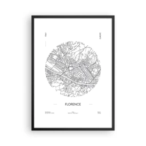 Plagát v čiernom ráme - Minimalistická mapa Florencie v čiernobielej farbe. - 50x70cm - Anatómia Florencie - Moderná nástenná dekorácia do obývacej izby a spálne ARTTOR