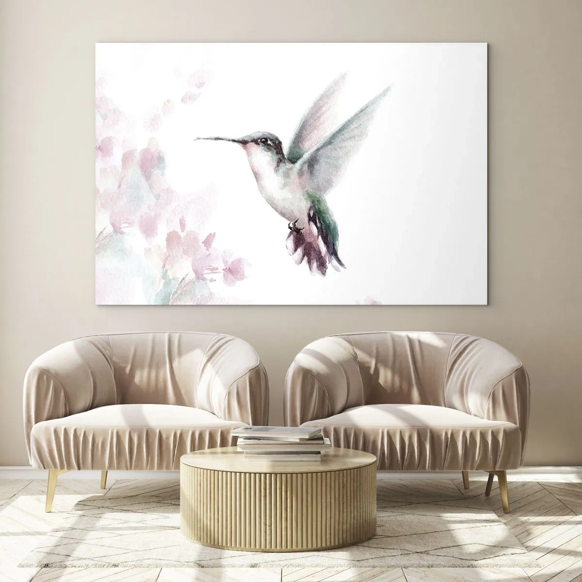 Obraz na skle - Farebný kolibrík v jemnom akvarelovom štýle - 70x50cm - Mávanie - Moderná nástenná dekorácia do obývacej izby a spálne ARTTOR
