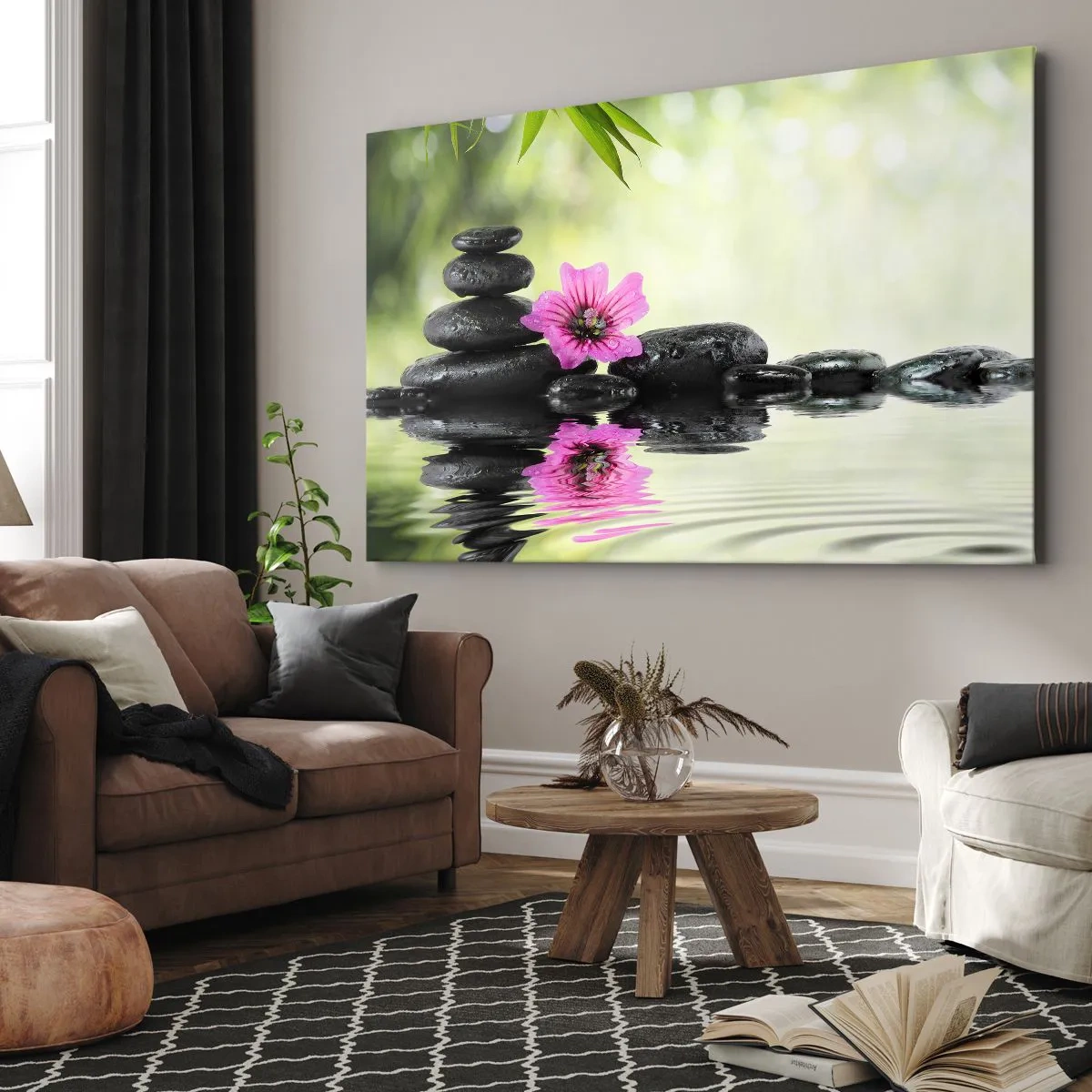 Obraz na plátne - Zenové kamene a ružový kvet odrážajúci sa vo vode - 70x50cm - Čas pre dušu - Moderná nástenná dekorácia do obývacej izby a spálne ARTTOR
