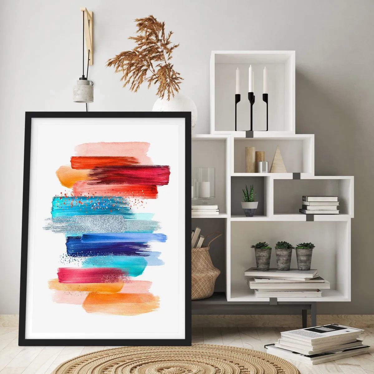 Plagát v čiernom ráme - Farebné abstraktné ťahy štetcom na bielom pozadí - 50x70cm - Hore a dole - Moderná nástenná dekorácia do obývacej izby a spálne ARTTOR