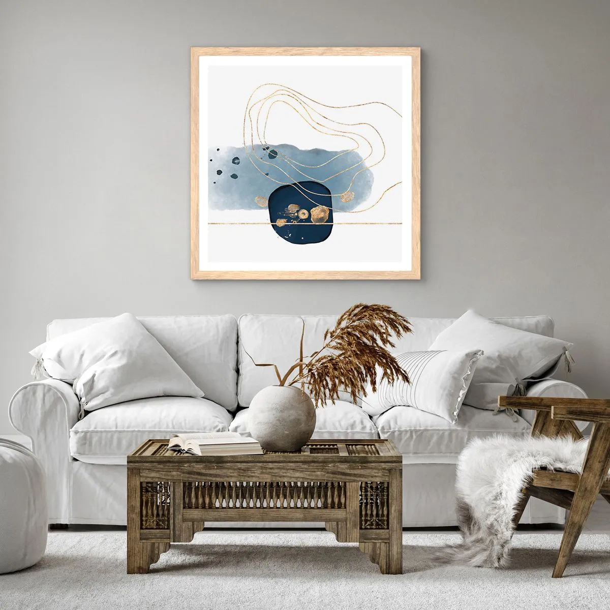 Plagát v ráme zo svetlého duba - Modro-zlatá fantázia - 30x30 cm