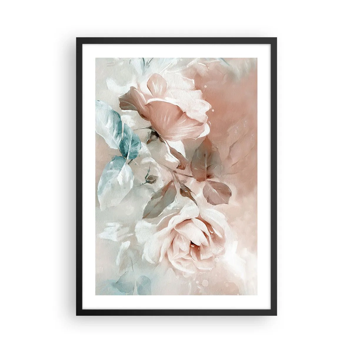 Plagát v čiernom ráme - Maliarska kompozícia ruží v pastelových odtieňoch - 50x70cm - Duch romantizmu - Moderná nástenná dekorácia do obývacej izby a spálne ARTTOR