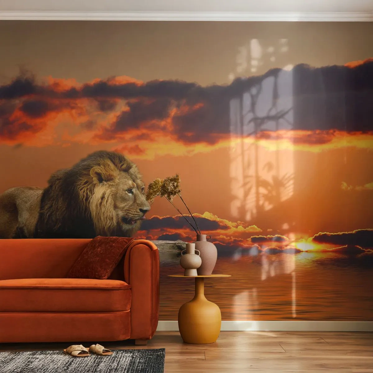 Samolepiaca Fototapeta Deluxe Sticker - Kráľ prírody - Lev, Západ slnka, Zvieratá - 250x175 cm