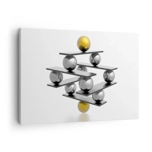 Obraz na plátne - Geometrická kompozícia s kovovými guľôčkami a zlatým akcentom - 70x50cm - Zlato-strieborná rovnováha - Moderná nástenná dekorácia do obývacej izby a spálne ARTTOR