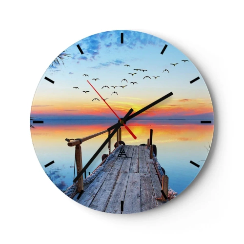Nástenné hodiny - Mólo na jazere v lúčoch zapadajúceho slnka - 30x30cm - Je čas isť späť… - Moderná nástenná dekorácia do obývacej izby, kuchyne a spálne ARTTOR