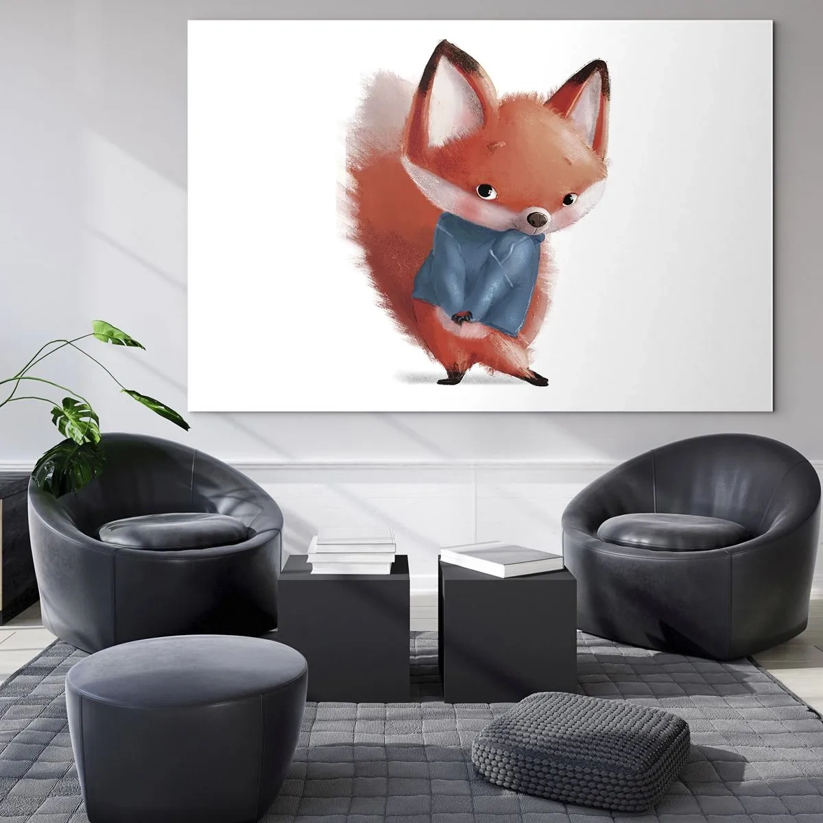 Obraz na skle - Roztomilá líška v modrom svetri na bielom pozadí - 70x50cm - Pristane mi to? - Moderná nástenná dekorácia do obývacej izby a spálne ARTTOR