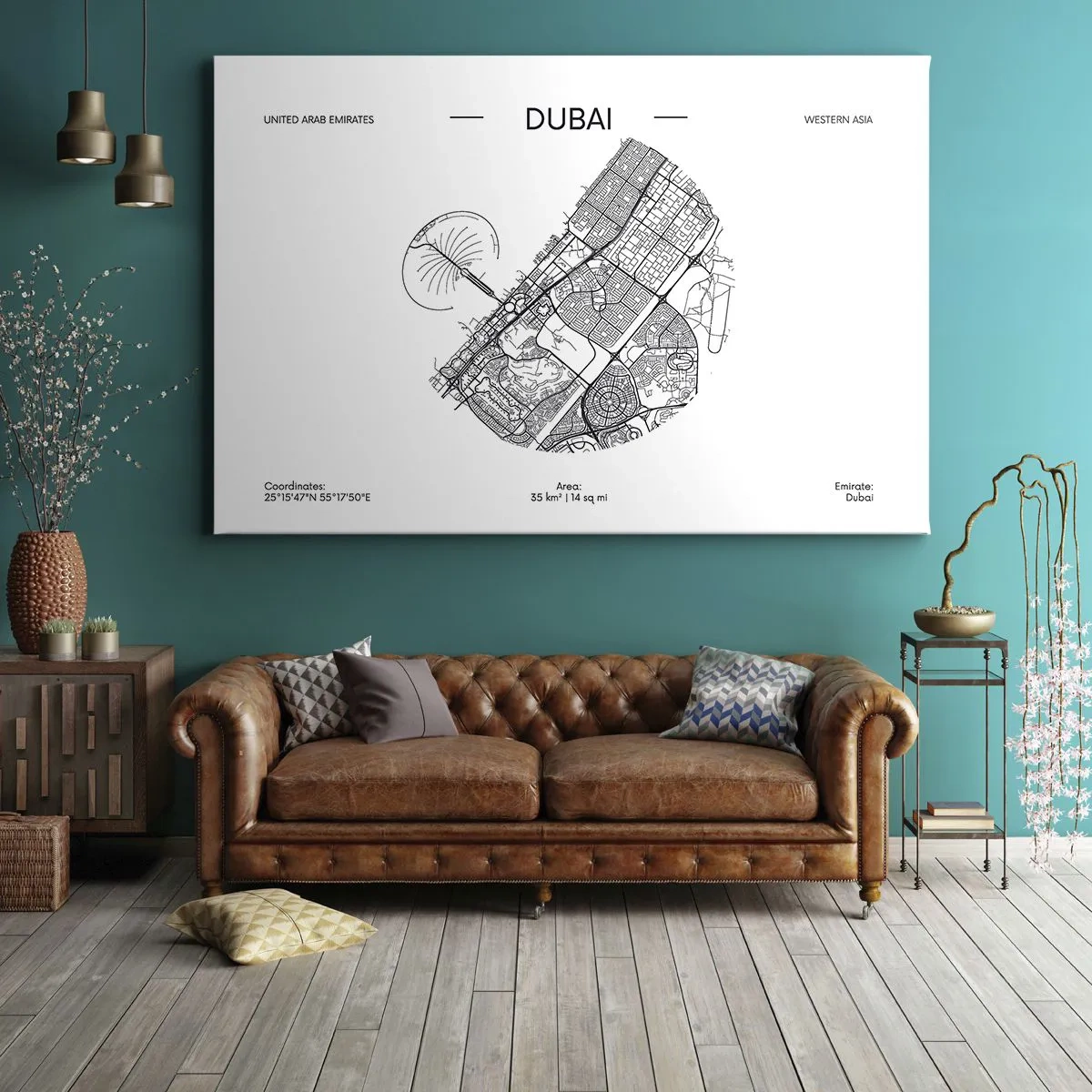 Obraz na plátne - Minimalistická čiernobiela mapa Dubaja s vyznačenými polohami. - 70x50cm - Anatómia Dubaja - Moderná nástenná dekorácia do obývacej izby a spálne ARTTOR