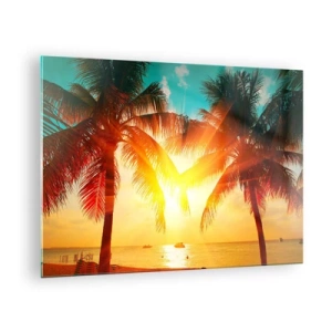 Obraz na skle - Slnkom zaliate palmy nad tropickou plážou - 70x50cm - Exotický pár - Moderná nástenná dekorácia do obývacej izby a spálne ARTTOR