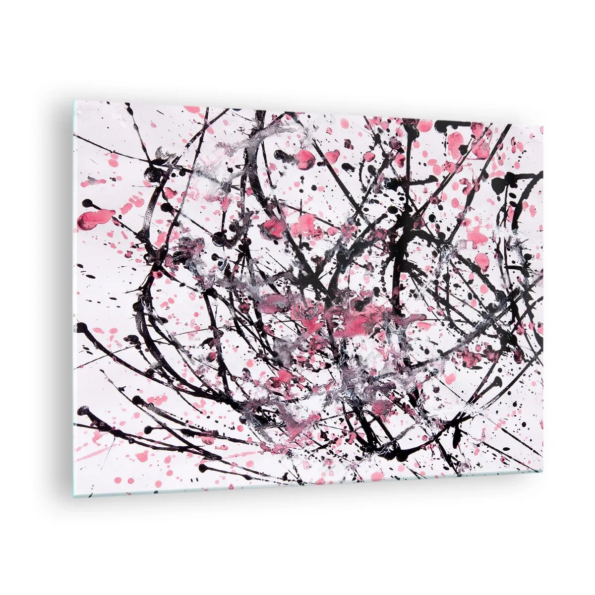 Obraz na skle - Dynamické abstraktné čiary a ružové škvrny na bielom pozadí - 70x50cm - Pominuteľná povaha života - Moderná nástenná dekorácia do obývacej izby a spálne ARTTOR