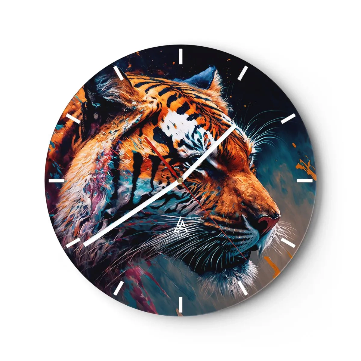 Nástenné hodiny - Portrét tigra v intenzívnych farbách s maliarskymi akcentmi - 30x30cm - Divoká krása - Moderná nástenná dekorácia do obývacej izby, kuchyne a spálne ARTTOR