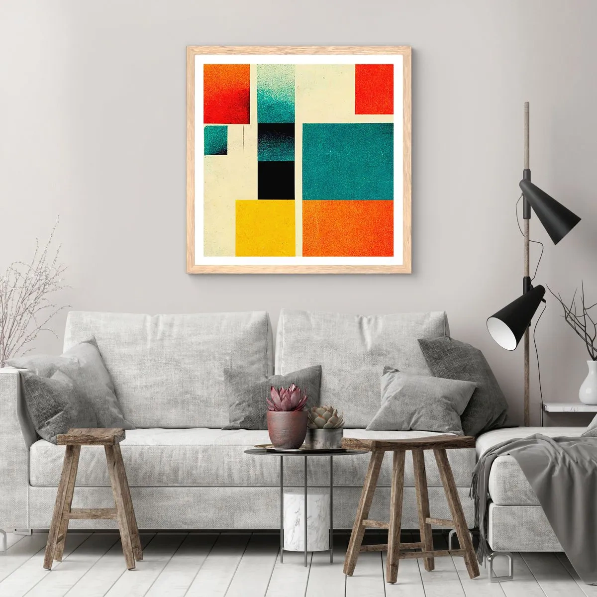 Plagát v ráme zo svetlého duba - Geometrická abstrakcia – dobrá energia - 50x50 cm