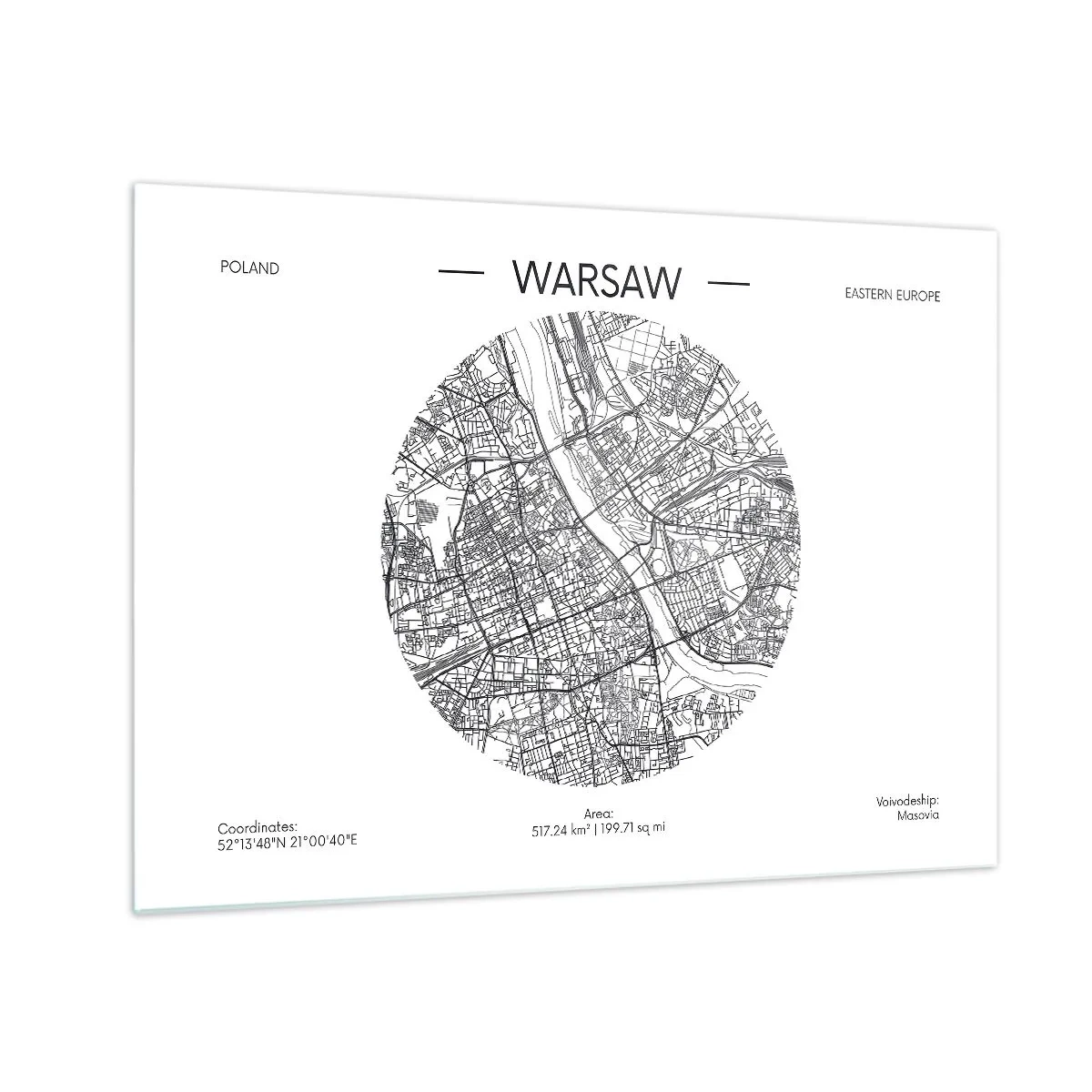 Obraz na skle - Mapa Varšavy vo forme grafického znázornenia - 70x50cm - Anatómia Varšavy - Moderná nástenná dekorácia do obývacej izby a spálne ARTTOR