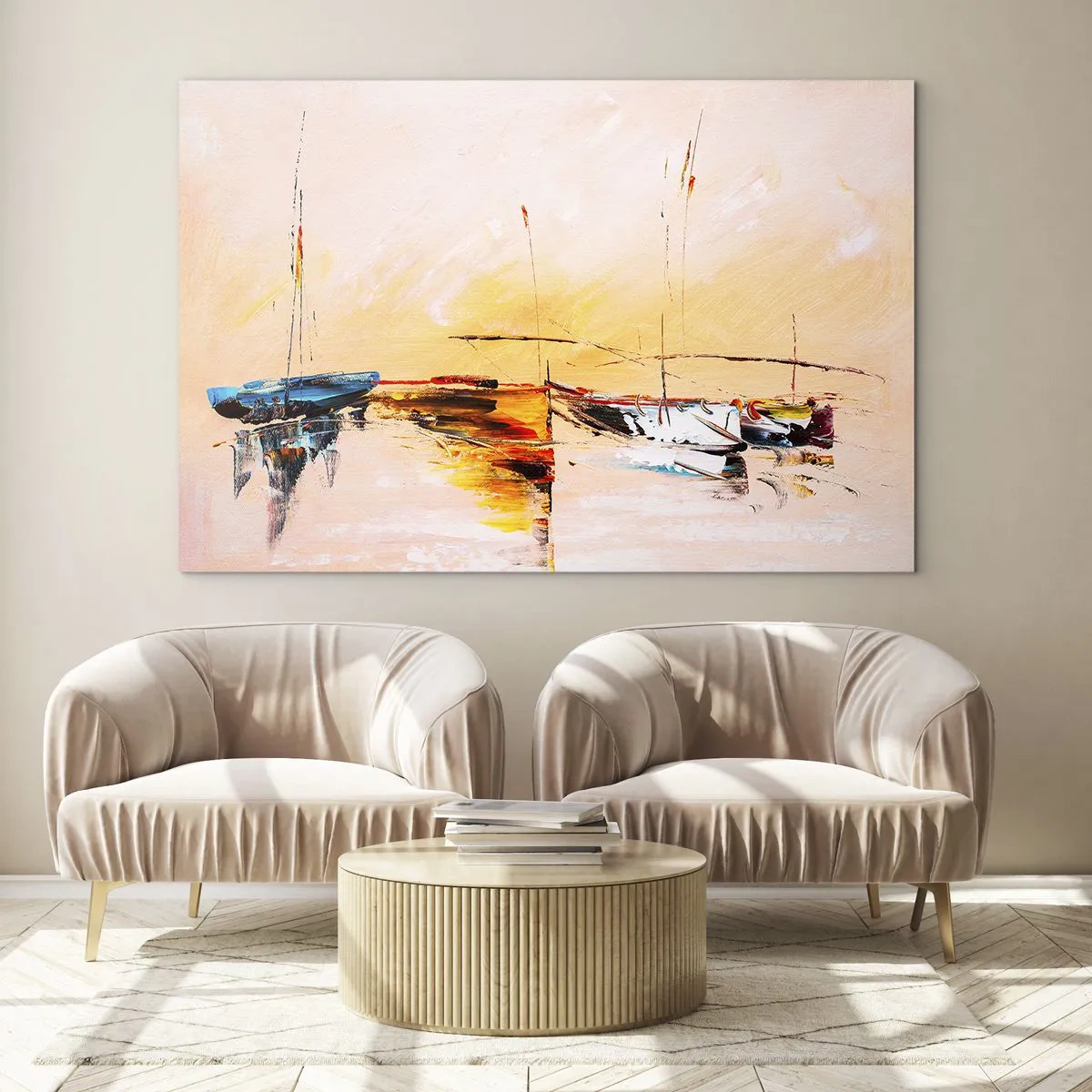 Obraz na skle - Farebné lode kotviace na pozadí impresionistického západu slnka - 70x50cm - Večer v prístave - Moderná nástenná dekorácia do obývacej izby a spálne ARTTOR