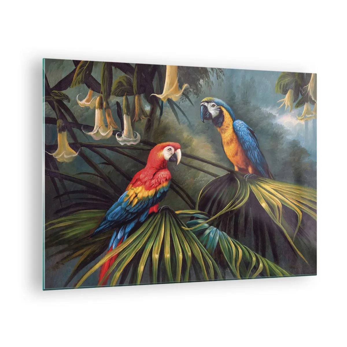 Obraz na skle - Dva farebné papagáje na pozadí tropickej džungle - 70x50cm - Romantizmus v trópoch - Moderná nástenná dekorácia do obývacej izby a spálne ARTTOR