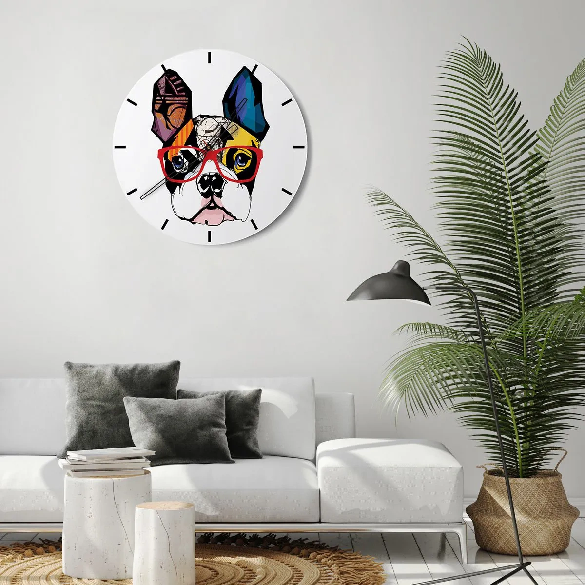 Nástenné hodiny - Farebná kresba psa s okuliarmi na bielom pozadí - 30x30cm - Intelektuál - Moderná nástenná dekorácia do obývacej izby, kuchyne a spálne ARTTOR