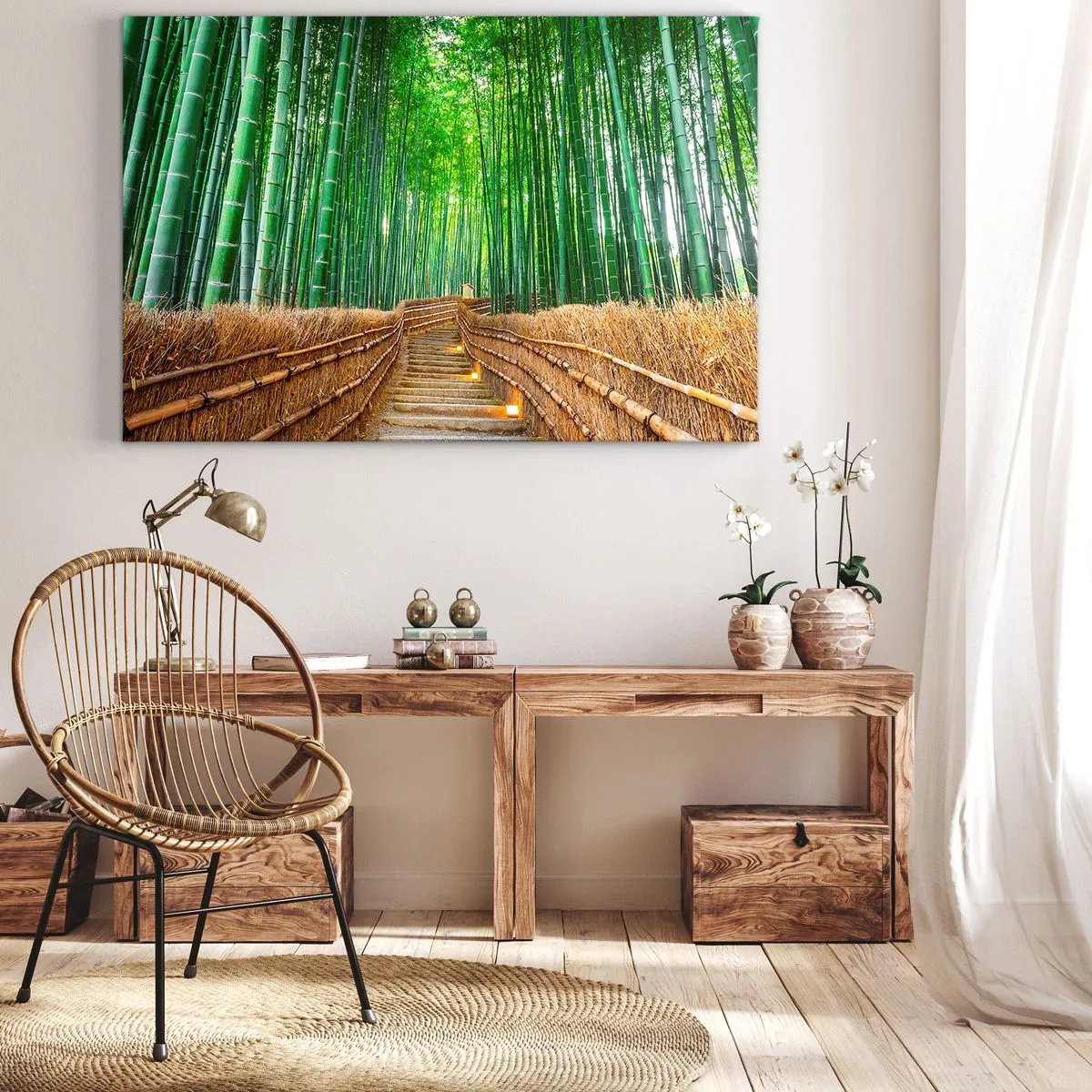 Obraz na plátne - Cesta v hustom bambusovom lese - 70x50cm - Esencia ázijskej prírody - Moderná nástenná dekorácia do obývacej izby a spálne ARTTOR