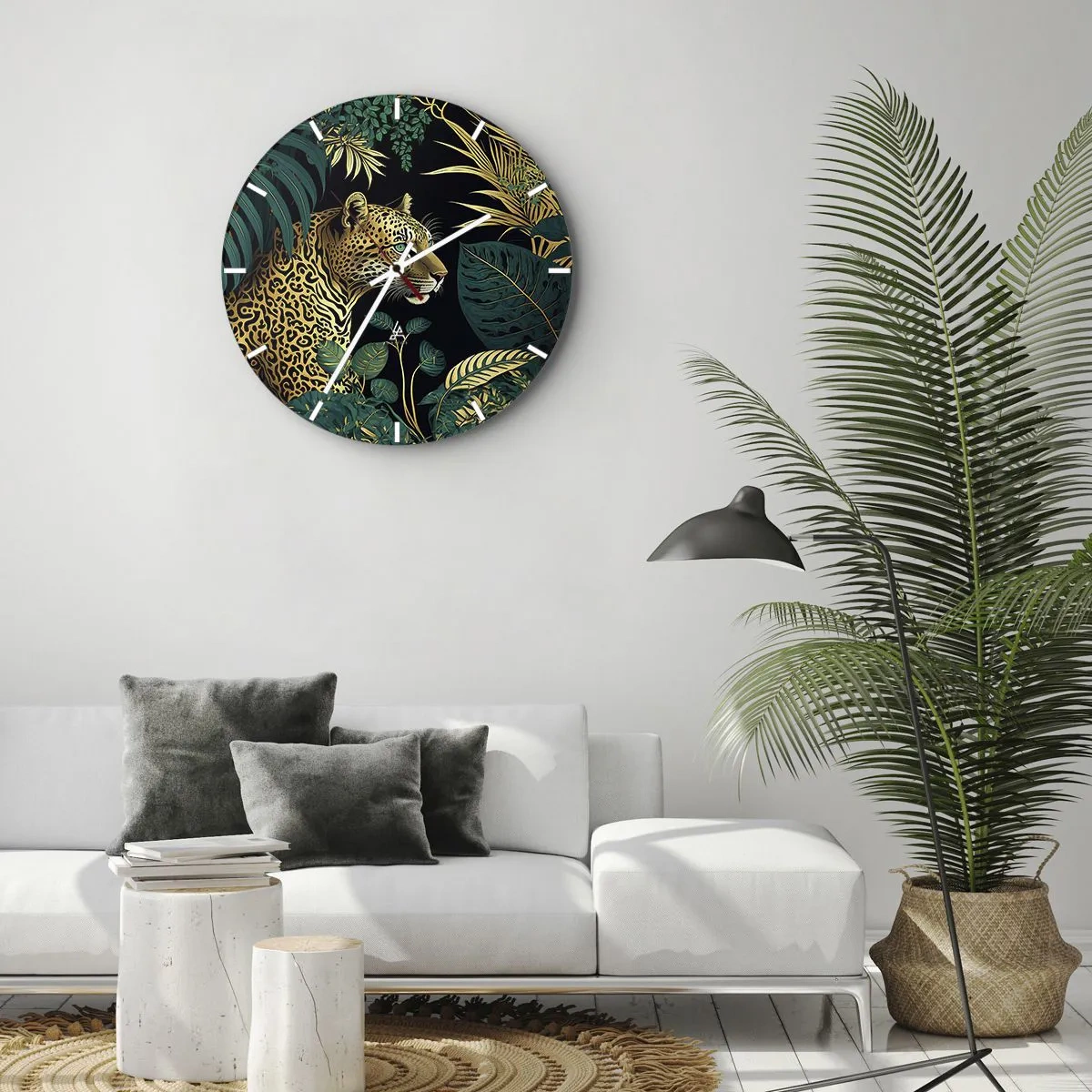 Nástenné hodiny - Leopard medzi tropickými listami na čiernom pozadí - 30x30cm - Hospodár v džungli - Moderná nástenná dekorácia do obývacej izby, kuchyne a spálne ARTTOR