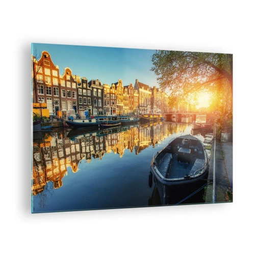 Obraz na skle - Amsterdamský kanál pri západe slnka - 70x50cm - Ráno v Amsterdame - Moderná nástenná dekorácia do obývacej izby a spálne ARTTOR