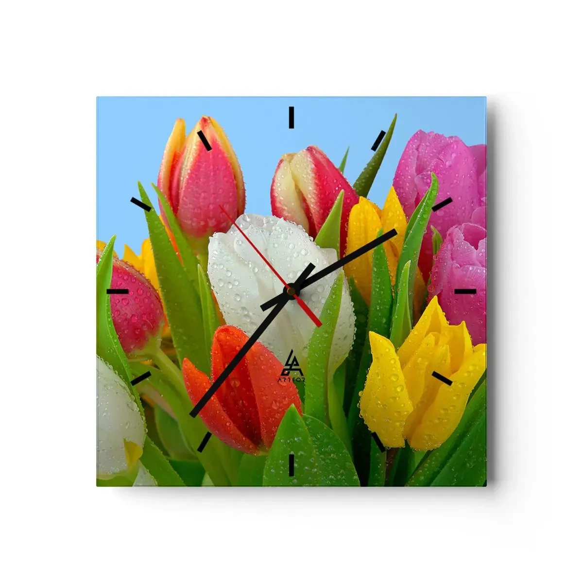 Nástenné hodiny - Kvetinová dúha v kvapkách rosy - 40x40 cm