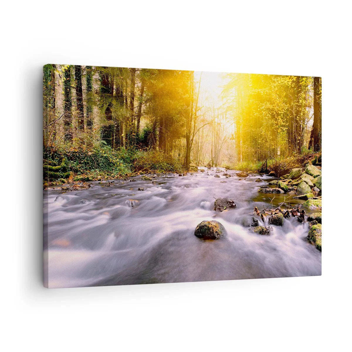 Obraz na plátne - Lesný potok osvetlený slnečnými lúčmi - 70x50cm - Malachit v strieborno-zlatej podobe - Moderná nástenná dekorácia do obývacej izby a spálne ARTTOR