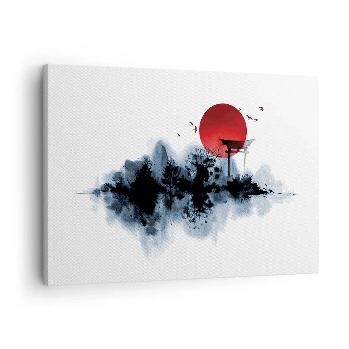 Obraz na plátne - Červené slnko nad malebnou krajinou s torii - 70x50cm - Japonský pohľad - Moderná nástenná dekorácia do obývacej izby a spálne ARTTOR