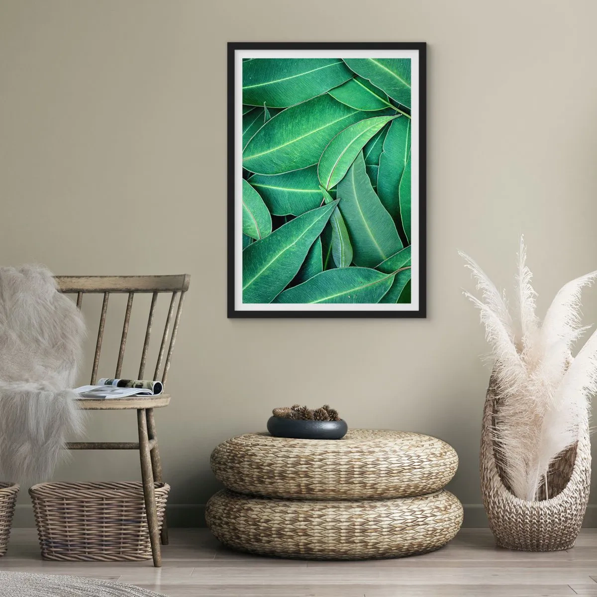 Plagát v čiernom ráme - Zelené listy usporiadané v hustej kompozícii - 50x70cm - Šťavnaté a svieže - Moderná nástenná dekorácia do obývacej izby a spálne ARTTOR