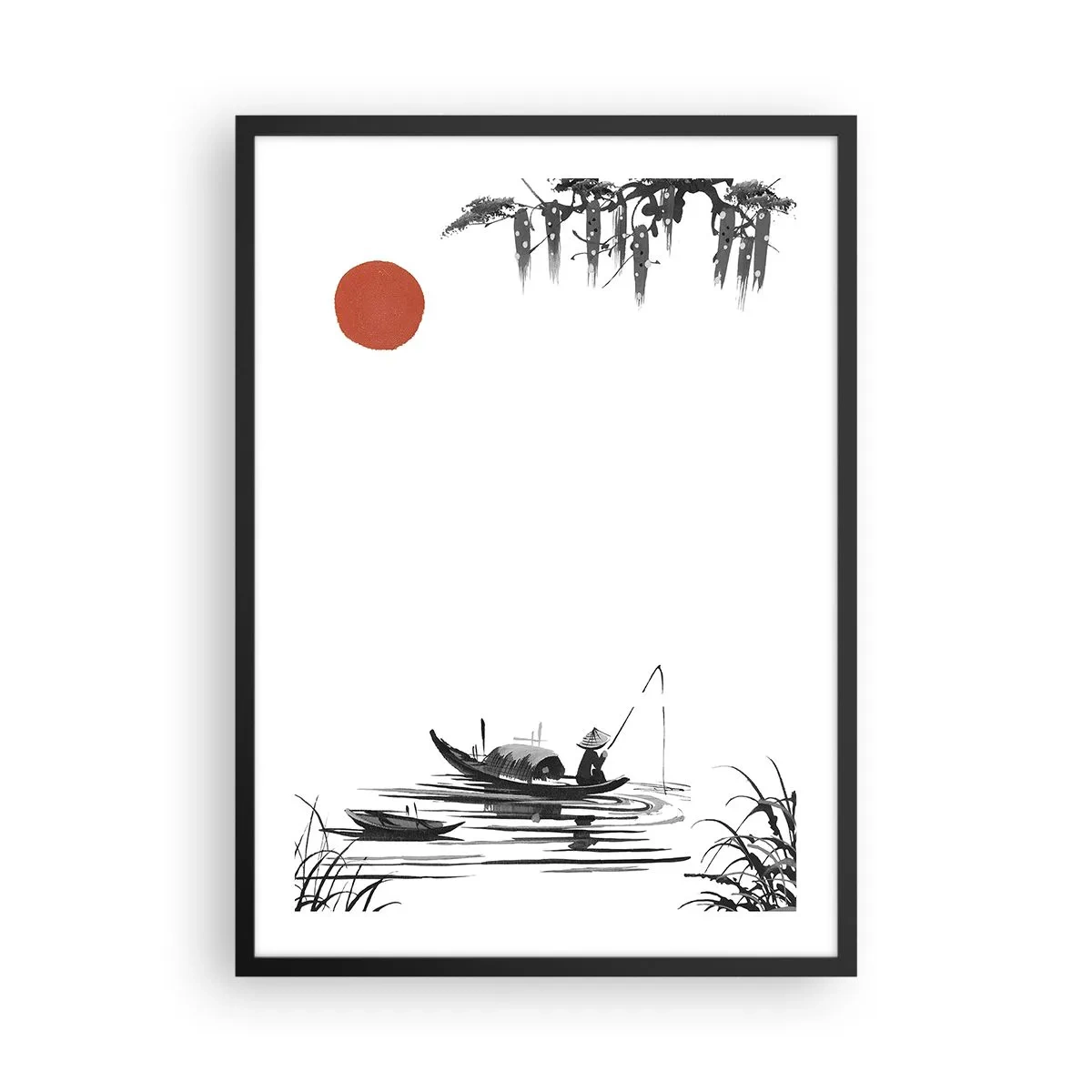 Plagát v čiernom ráme - Minimalistický obraz rybára v člne s červeným slnkom. - 50x70cm - Ázijské popoludnie - Moderná nástenná dekorácia do obývacej izby a spálne ARTTOR