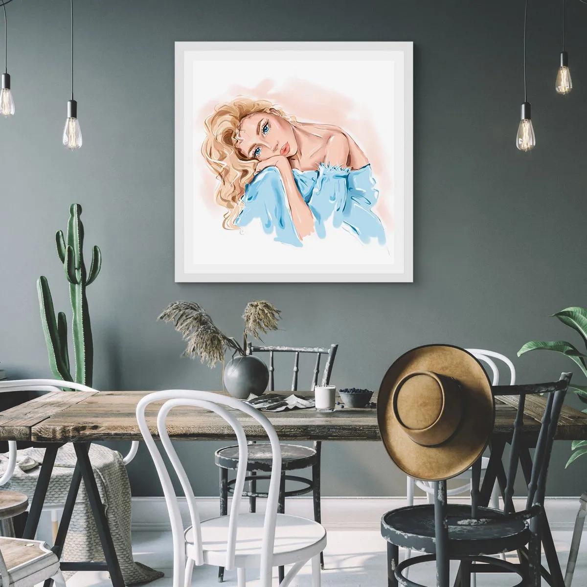 Plagát v bielom ráme - Zasnená v modrej - 40x40 cm