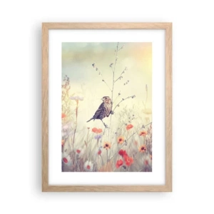 Plagát v ráme zo svetlého duba - Portrét vtáka s lúkou v pozadí - 30x40 cm