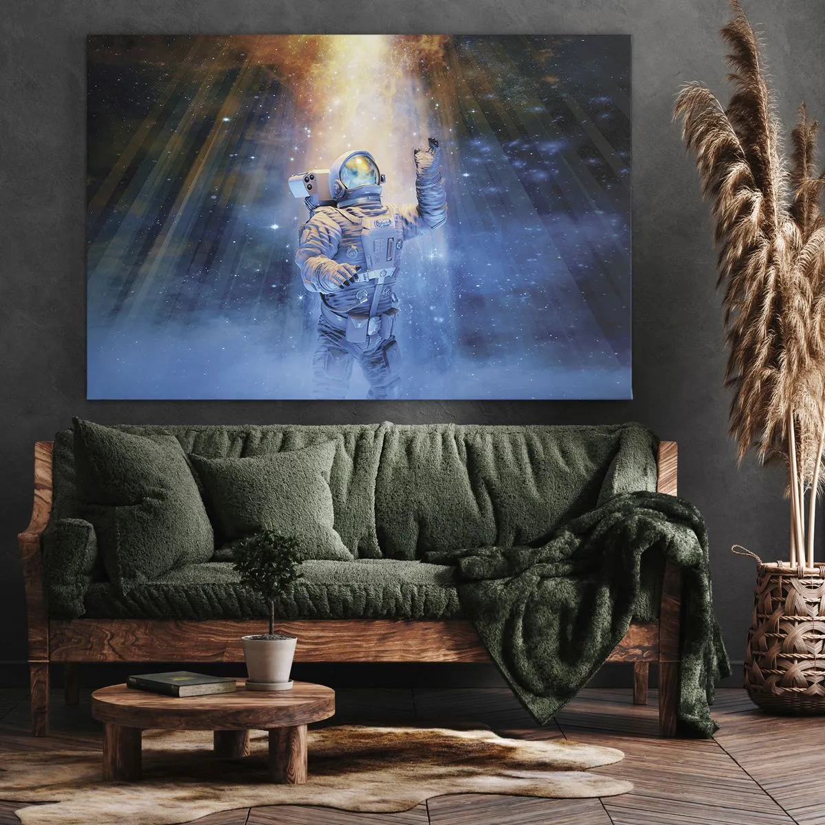 Obraz na plátne - Astronaut vo svetle kozmickej explózie plnej hviezd - 70x50cm - Konečne v cieli - Moderná nástenná dekorácia do obývacej izby a spálne ARTTOR