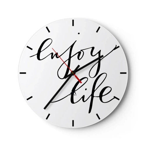 Nástenné hodiny - Biele hodiny s čiernym nápisom Enjoy Life na minimalistickom pozadí. - 30x30cm - Niet čo dodať… - Moderná nástenná dekorácia do obývacej izby, kuchyne a spálne ARTTOR