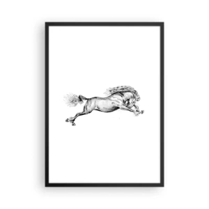 Plagát v čiernom ráme - Ilustrácia cválajúceho koňa v čiernobielej farbe - 50x70cm - Zastavený v cvale - Moderná nástenná dekorácia do obývacej izby a spálne ARTTOR