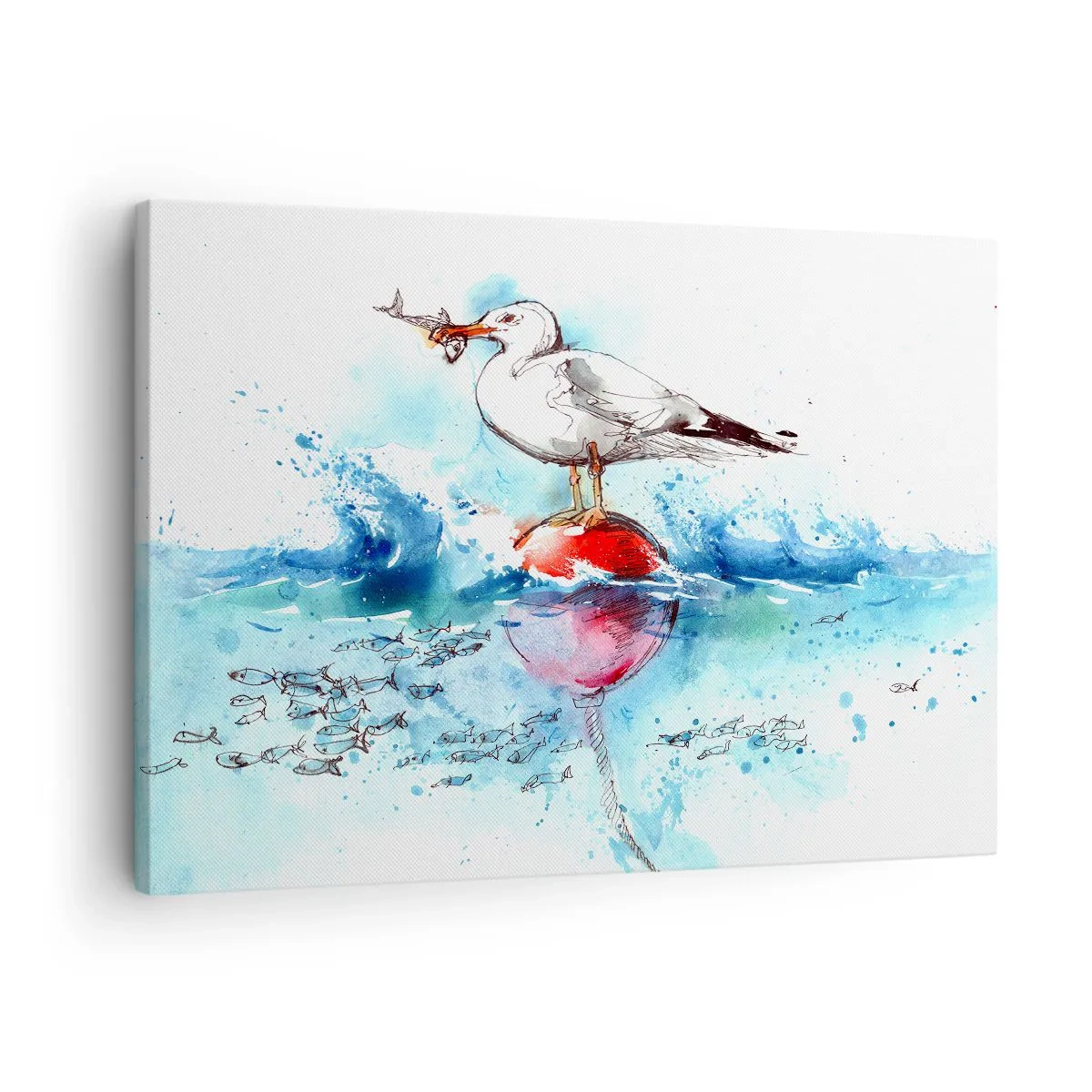 Obraz na plátne - Čajka na bóji s rybou v pozadí v akvarelovom štýle - 70x50cm - Vydarený rybolov - Moderná nástenná dekorácia do obývacej izby a spálne ARTTOR