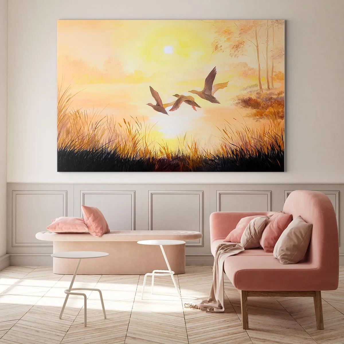 Obraz na skle - Tri kačice letiace nad jazerom pri východe slnka - 70x50cm - Začiatok ďalekej cesty - Moderná nástenná dekorácia do obývacej izby a spálne ARTTOR