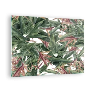 Obraz na skle - Listy v odtieňoch zelenej a bordovej na svetlom pozadí - 70x50cm - Smaragdovo-ľaliové húštie - Moderná nástenná dekorácia do obývacej izby a spálne ARTTOR