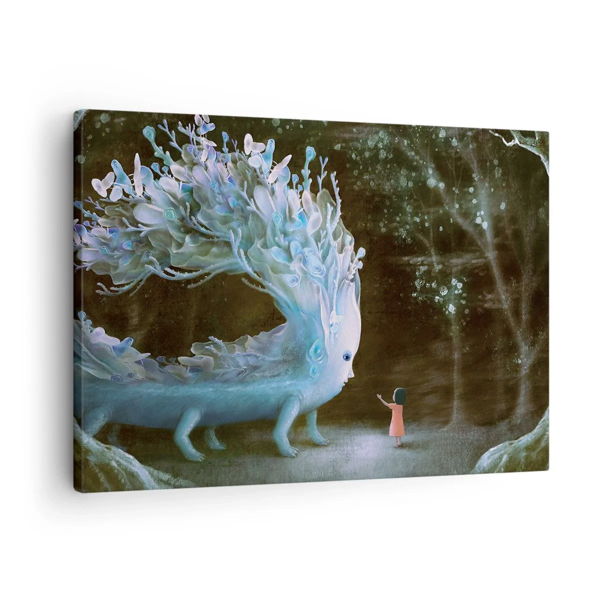 Obraz na plátne - Postava dievčaťa čeliacemu fantastickému stvoreniu - 70x50cm - Fantastické stretnutie - Moderná nástenná dekorácia do obývacej izby a spálne ARTTOR