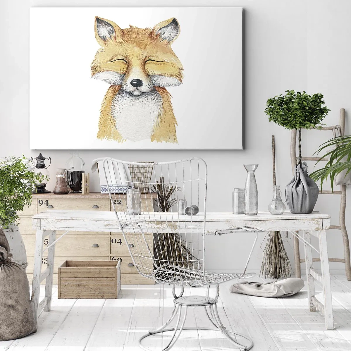 Obraz na plátne - Akvarelová líška s úsmevom v minimalistickom štýle - 70x50cm - Líščia rozladenosť - Moderná nástenná dekorácia do obývacej izby a spálne ARTTOR