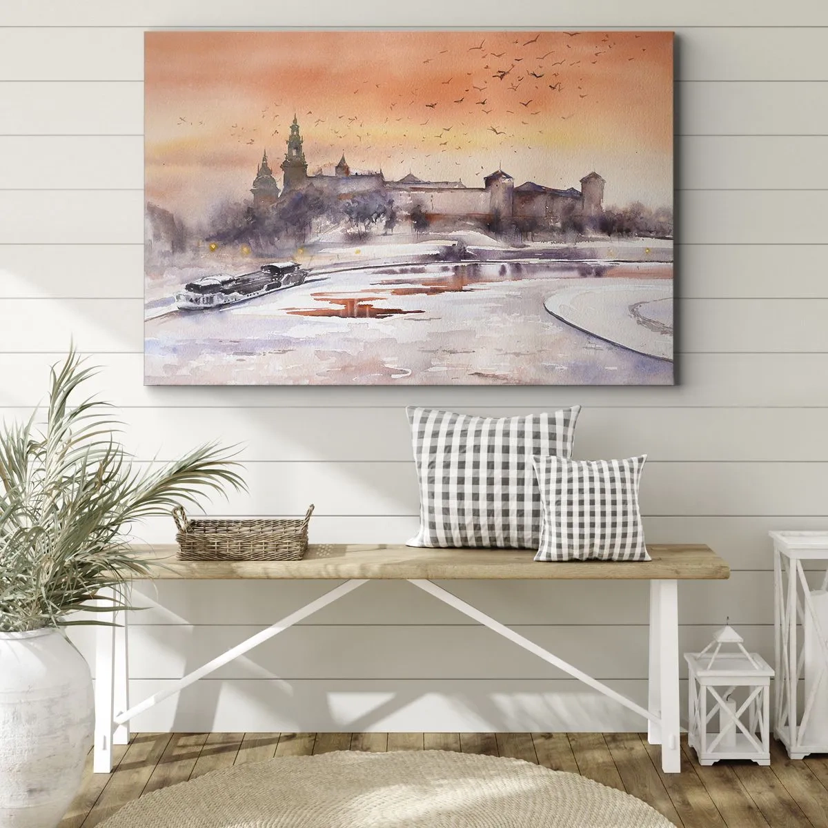 Obraz na plátne - Západ slnka nad hradom v zimnej scenérii - 70x50cm - Kráľovský západ slnka - Moderná nástenná dekorácia do obývacej izby a spálne ARTTOR