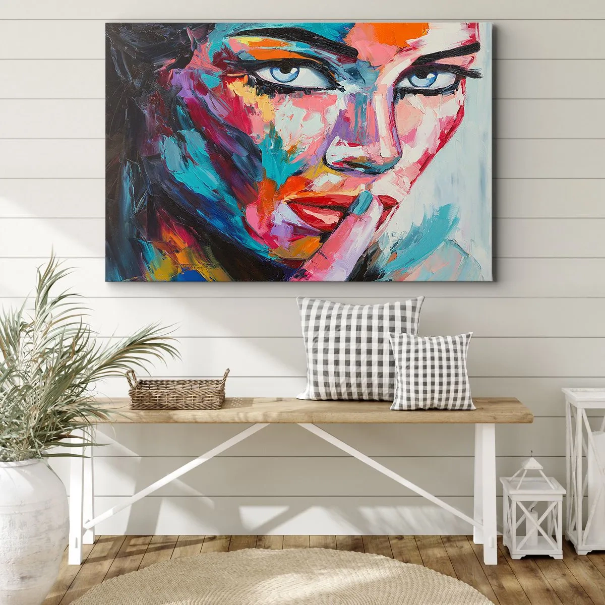 Obraz na plátne - Farebný portrét ženy v abstraktnom štýle - 70x50cm - Naše prvé tajomstvo - Moderná nástenná dekorácia do obývacej izby a spálne ARTTOR