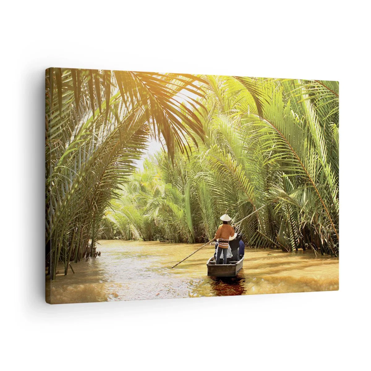 Obraz na plátne - Loď na rieke obklopenej tropickou vegetáciou - 70x50cm - Palmovou roklinou - Moderná nástenná dekorácia do obývacej izby a spálne ARTTOR