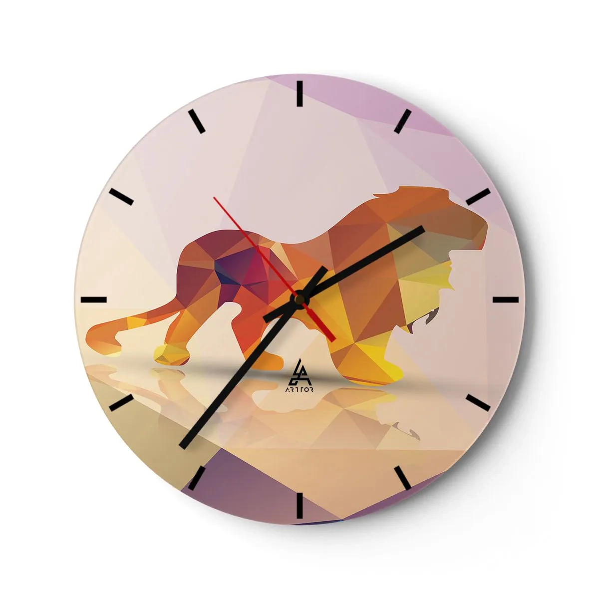 Nástenné hodiny - Geometrický lev v odtieňoch žltej a fialovej - 30x30cm - Diamantový kráľ - Moderná nástenná dekorácia do obývacej izby, kuchyne a spálne ARTTOR