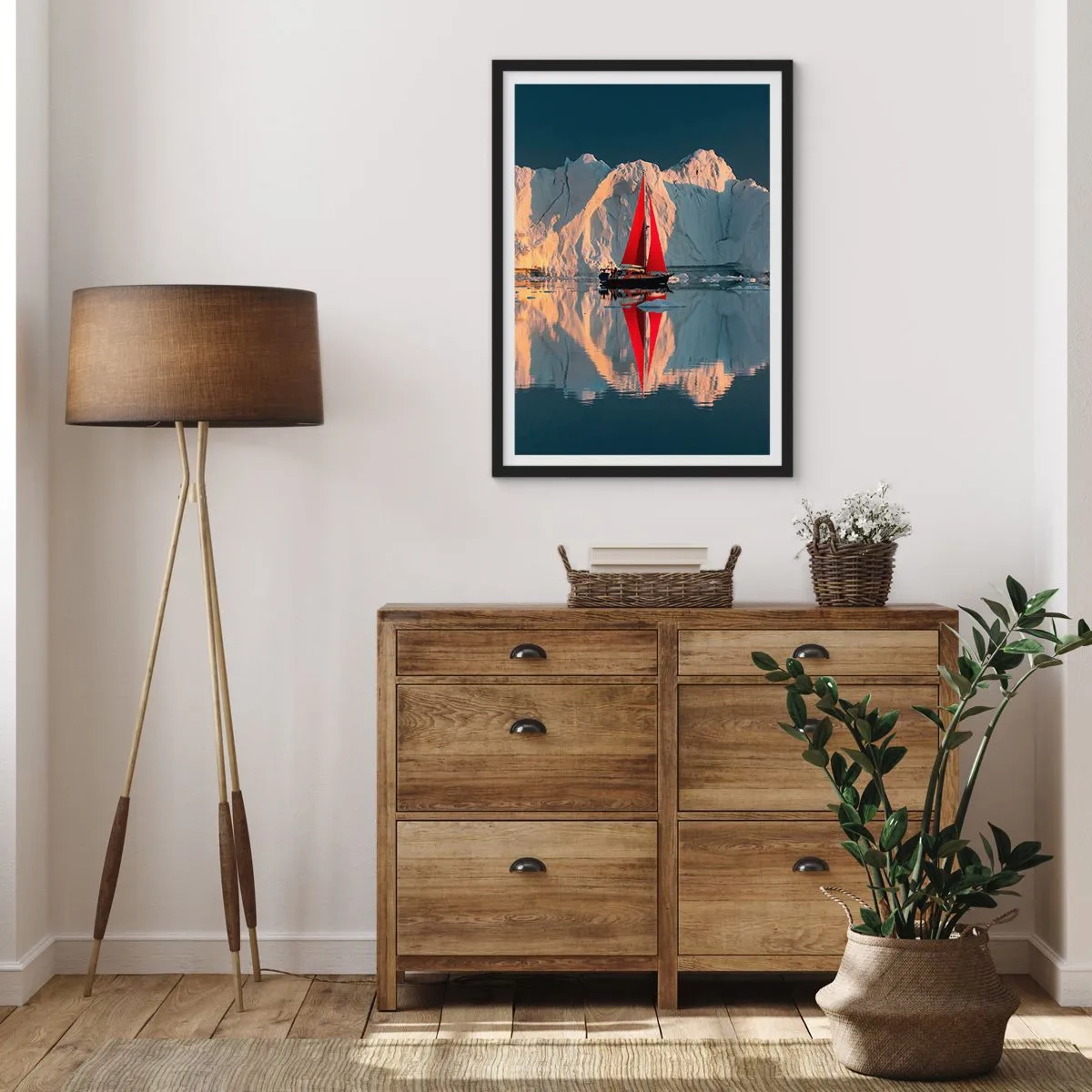 Plagát v čiernom ráme - Červená plachta lode na pozadí ľadovcov a pokojnej vody - 50x70cm - Na okraji sveta - Moderná nástenná dekorácia do obývacej izby a spálne ARTTOR