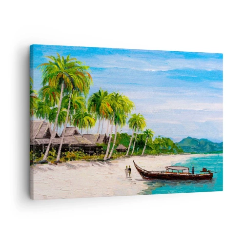 Obraz na plátne - Exotická pláž s palmami a loďkou na brehu - 70x50cm - Exotický sen - Moderná nástenná dekorácia do obývacej izby a spálne ARTTOR