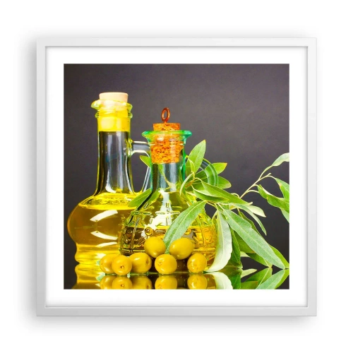 Plagát v bielom ráme - Zátišie s olivami a olejom - 50x50 cm